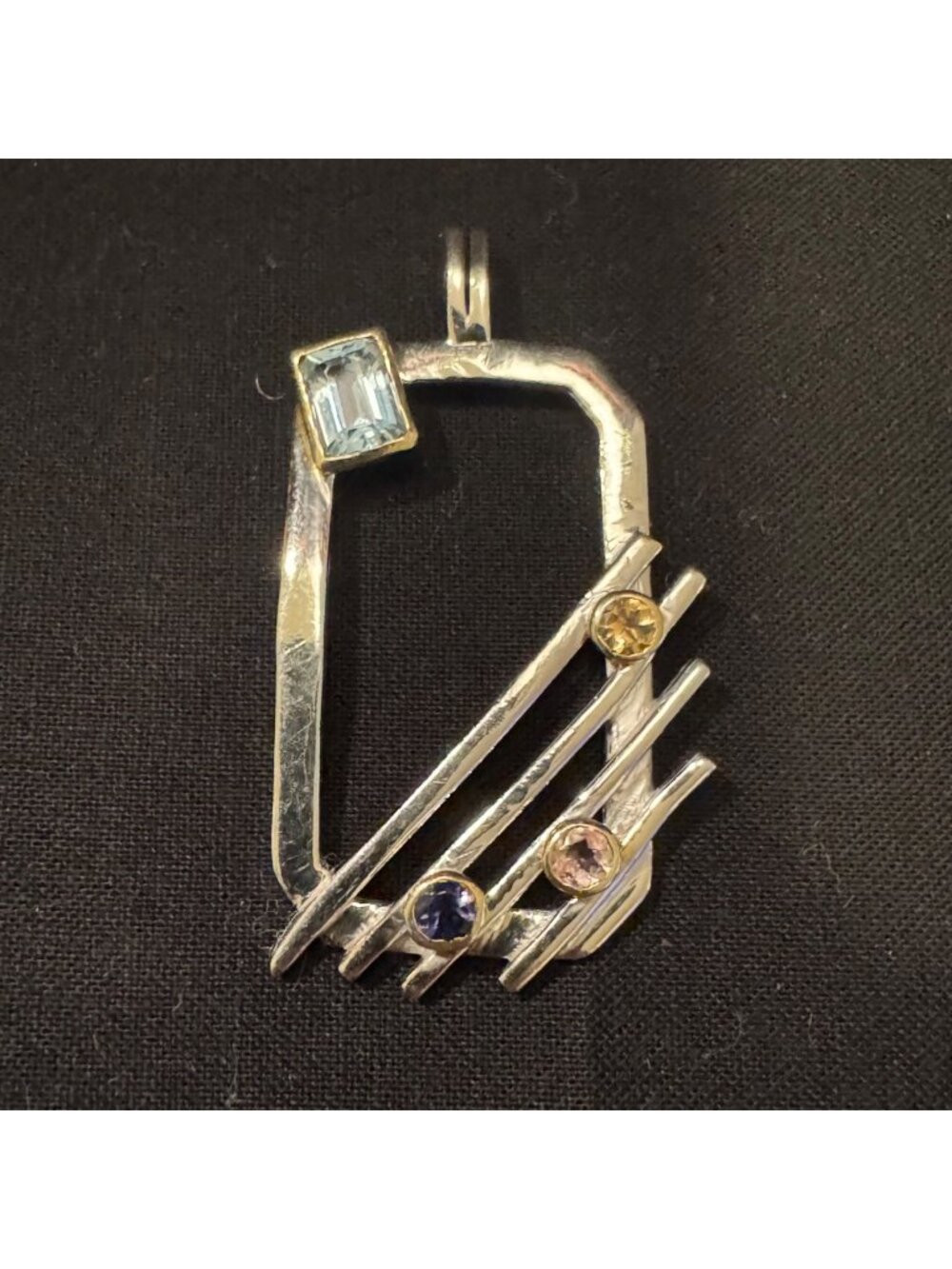 Sterling Silver 925 Multi-Gemstone Open Rectangle Pendant Size 1.75" Length